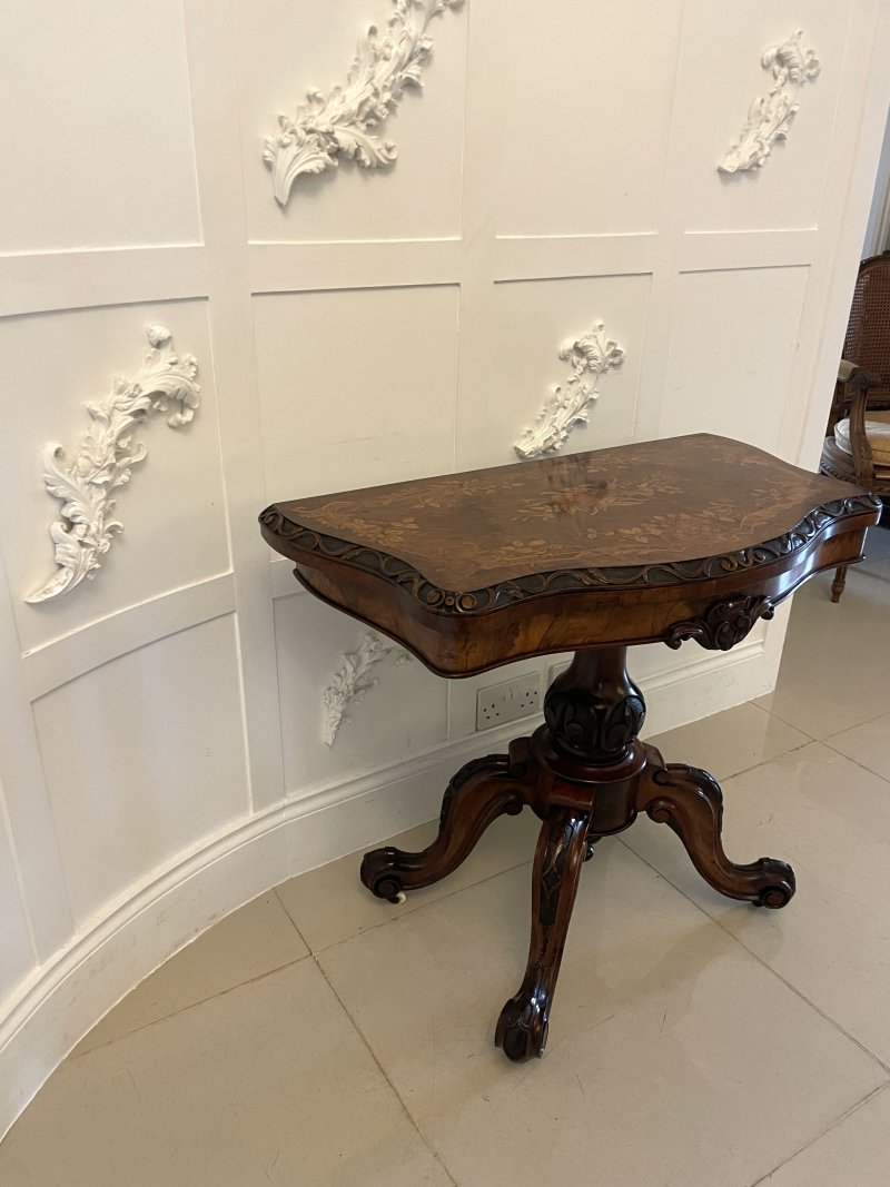 Exceptional Quality Antique Victorian Burr Walnut Inlaid Floral Marquetry Card/Console Table - Image 13